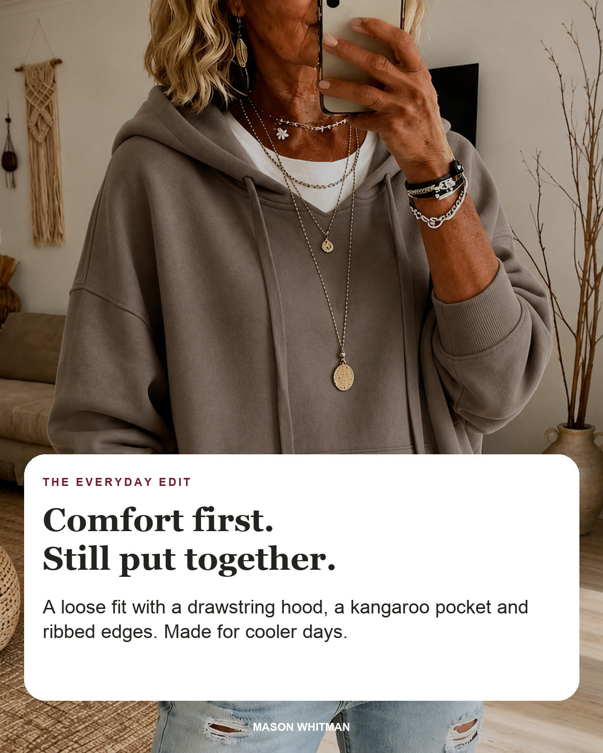 Estelle sweater editorial card: drawstring hood, kangaroo pocket, ribbed hem.