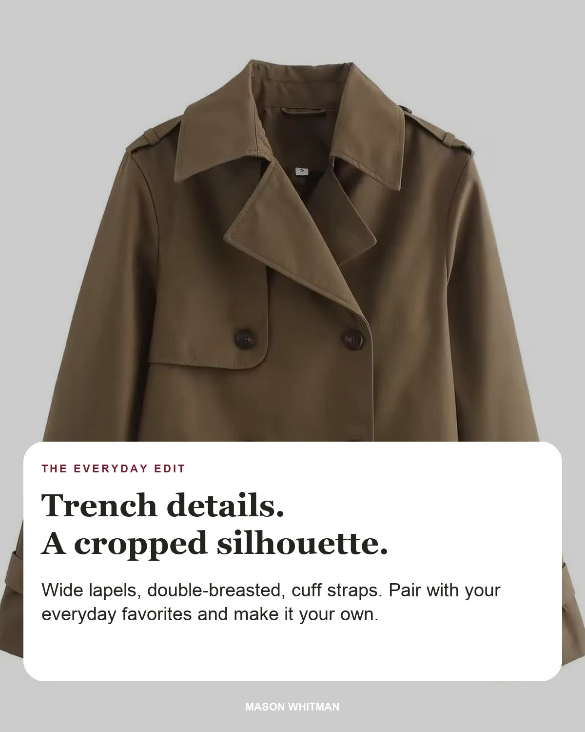 Eugenia editorial styling card: Wide lapels, Double-breasted, Cuff straps.