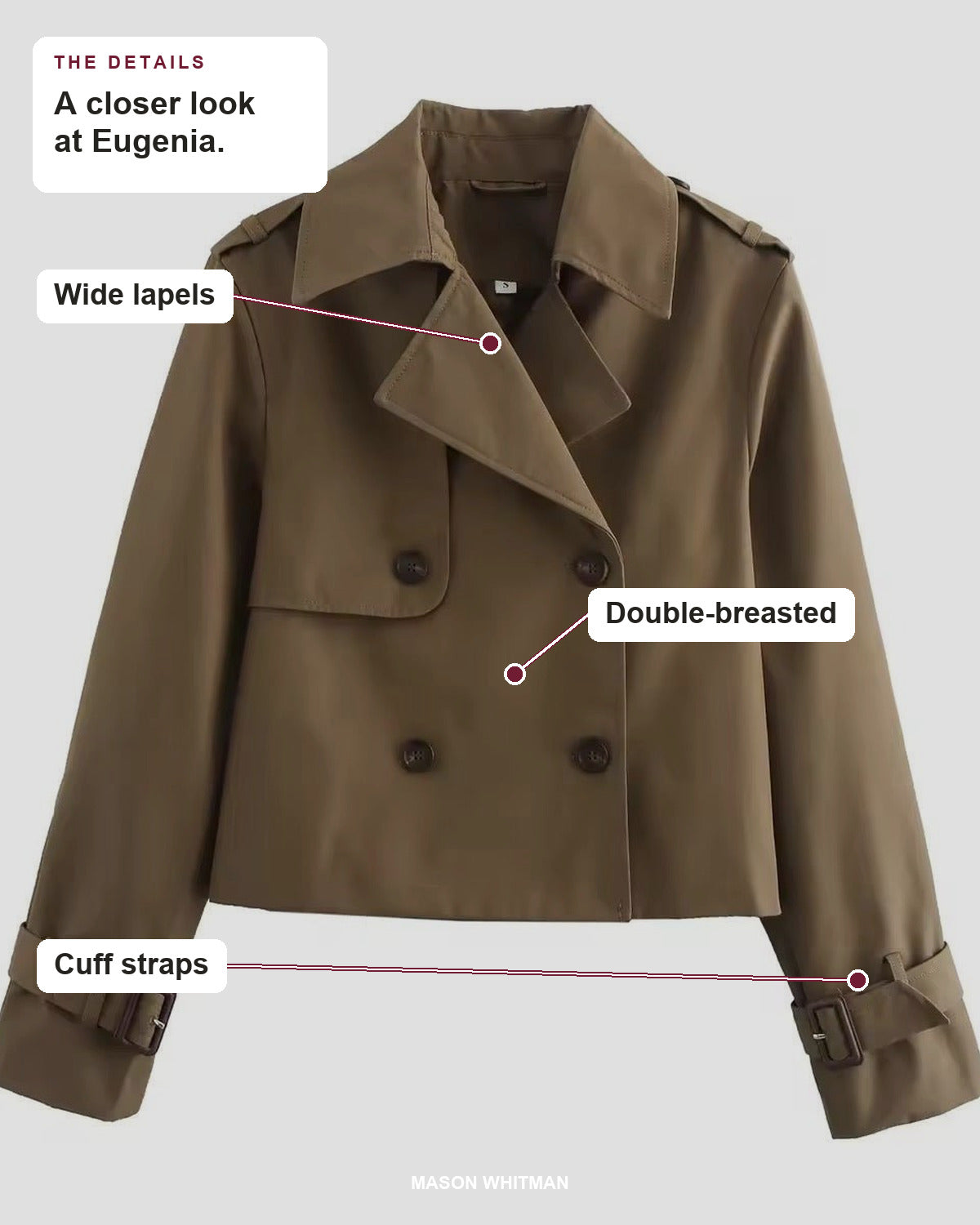 Eugenia details: Wide lapels, Double-breasted, Cuff straps.