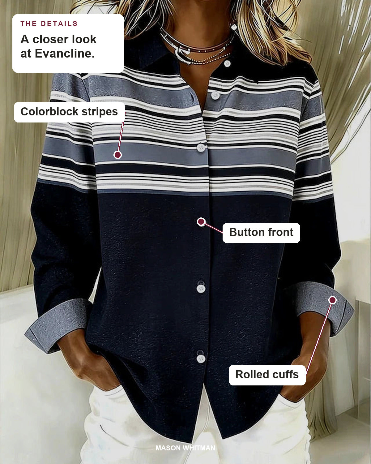 Evancline blouse details: colorblock stripes, button front, rolled cuffs.