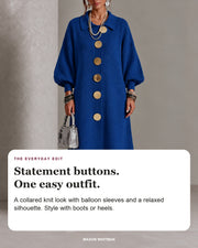 Evelyn styling card: A collared knit look with balloon sleeves and a relaxed silhouette. Style with boots or heels.