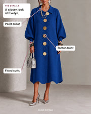 Evelyn details: Point collar, Button front, Fitted cuffs.