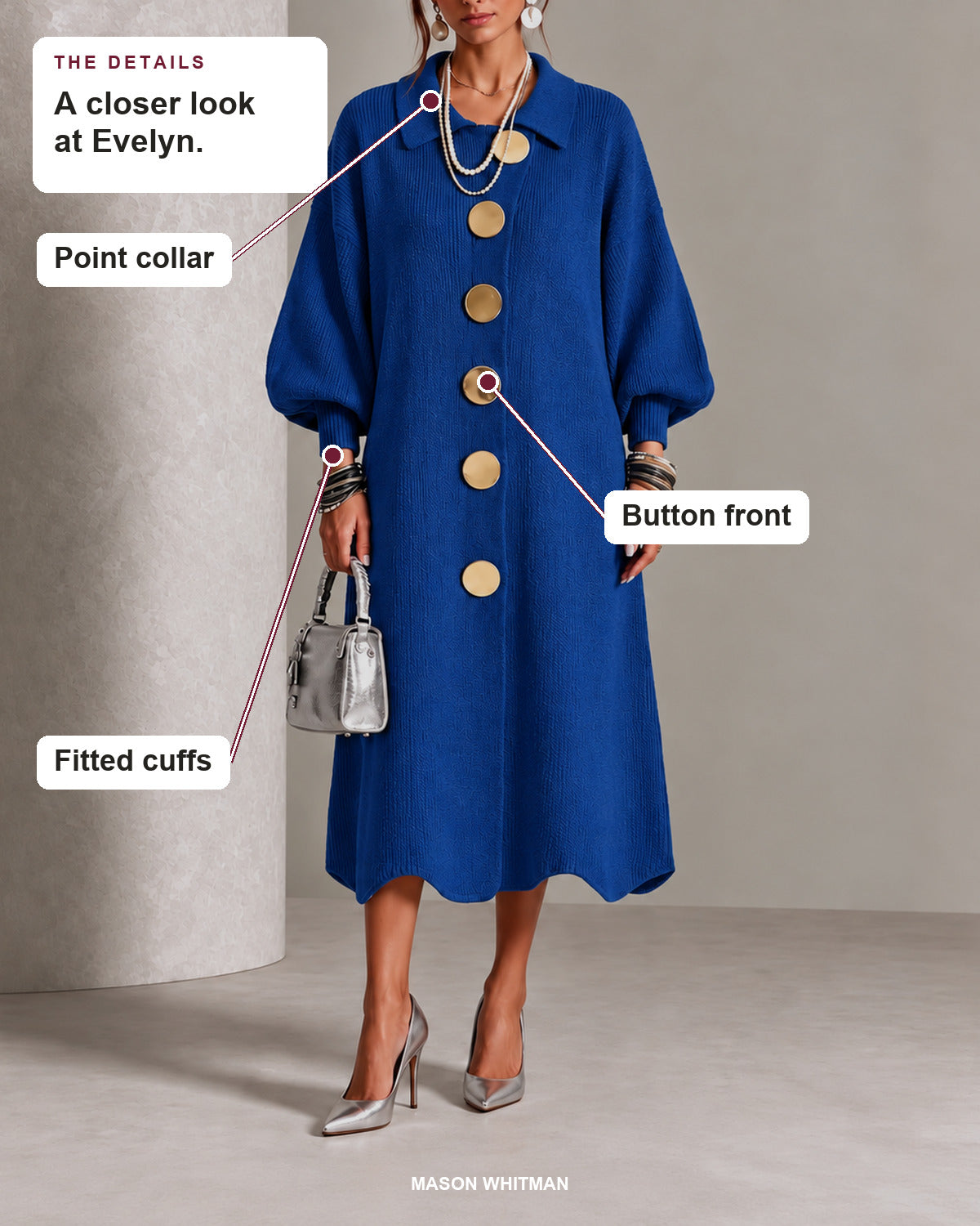 Evelyn details: Point collar, Button front, Fitted cuffs.