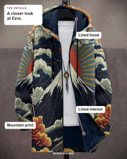 Ezra details: lined hood, lined interior and mountain print.