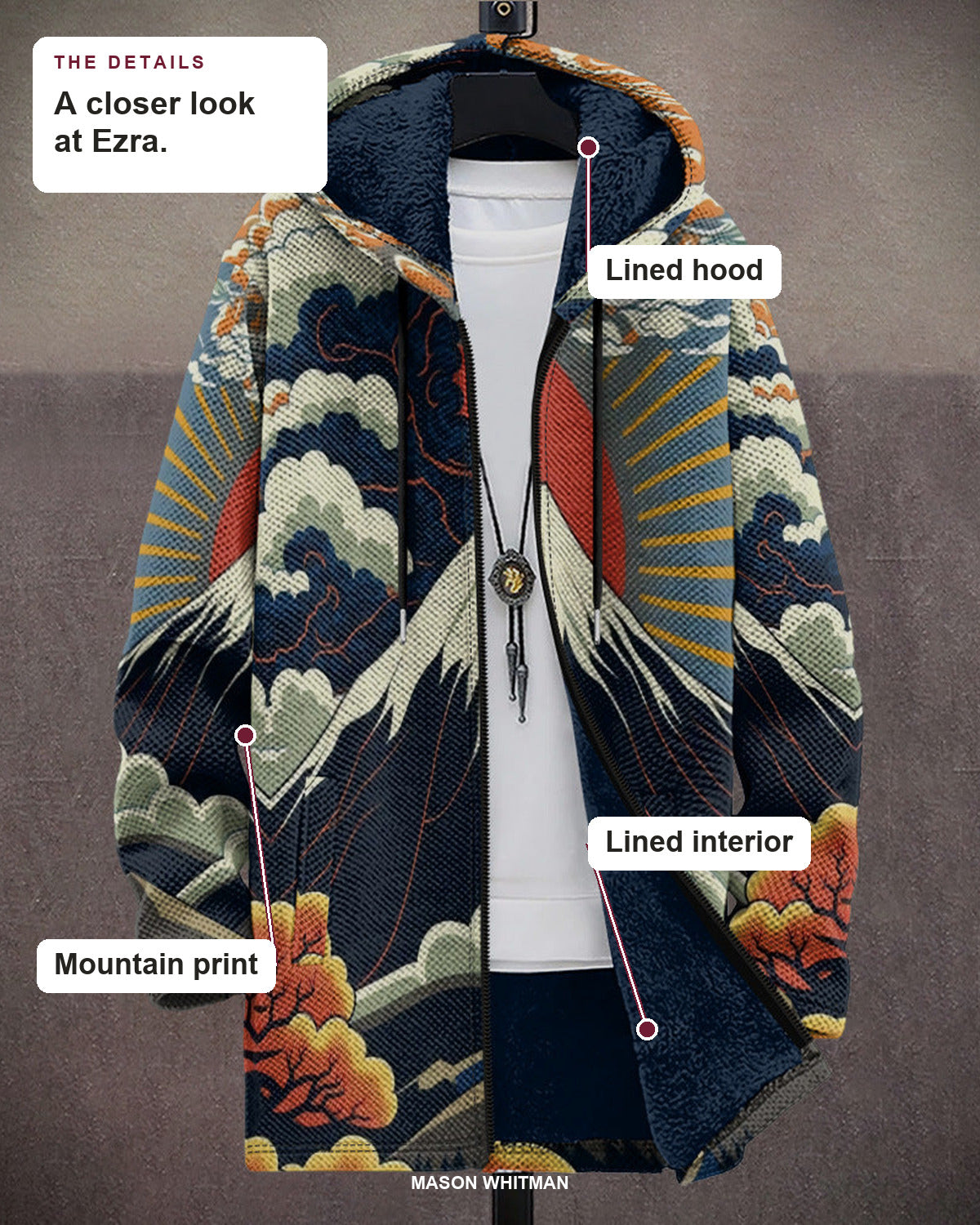 Ezra details: lined hood, lined interior and mountain print.