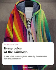 Faye hoodie editorial card: A lined hood, drawstrings and sweeping rainbow bands from shoulder to hem.