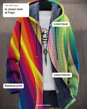 Faye details: lined hood, lined interior and rainbow print.