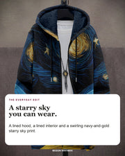 Fletcher cardigan editorial card: A lined hood, a lined interior and a swirling navy-and-gold starry sky print.