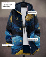 Fletcher details: lined hood, lined interior and starry sky print.