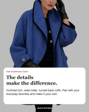 Flora editorial styling card: Contrast trim, Wide collar, Turned-back cuffs.