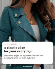 Gabrielle editorial styling card: Snap lapels, Angled zip, Zip pockets.