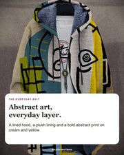 Gareth cardigan editorial card: A lined hood, a plush lining and a bold abstract print on cream and yellow.
