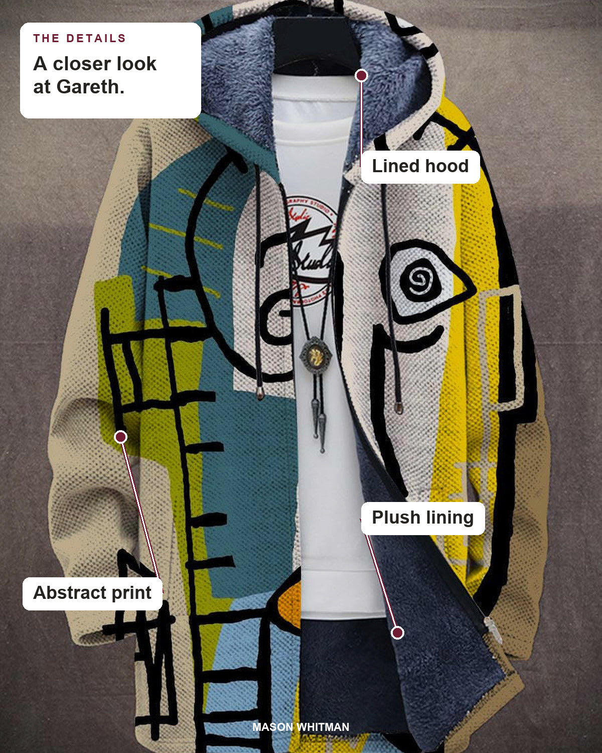 Gareth details: lined hood, plush lining and abstract print.