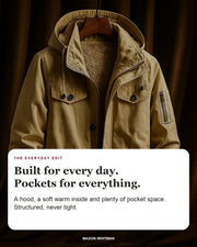Garrett jacket editorial card: hood, chest pockets, roomy pockets.