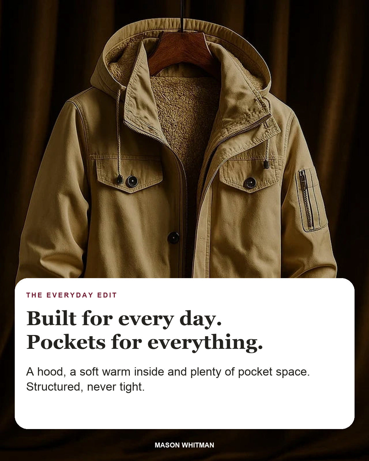 Garrett jacket editorial card: hood, chest pockets, roomy pockets.