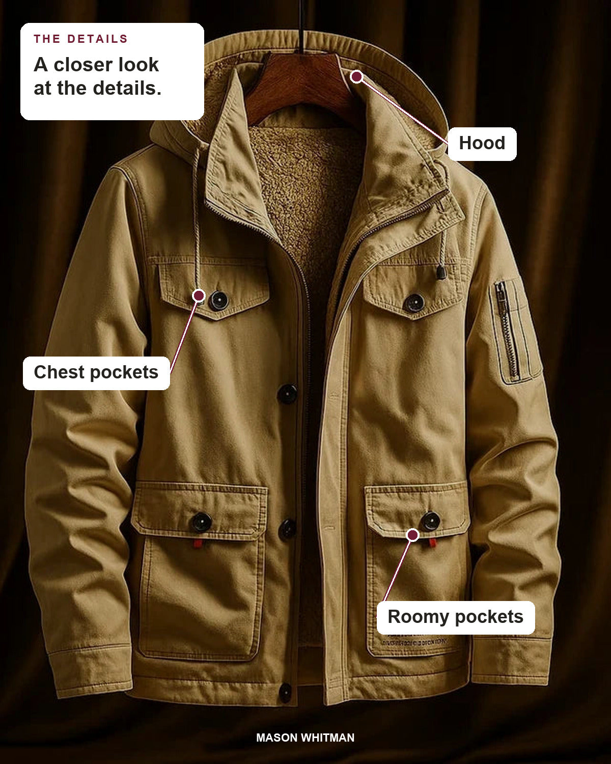 Garrett jacket details: hood, chest pockets, roomy pockets.