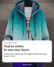 Genesis hoodie editorial card: A lined hood, drawstrings and a teal-to-violet ombre print. Sizes S to 4XL.