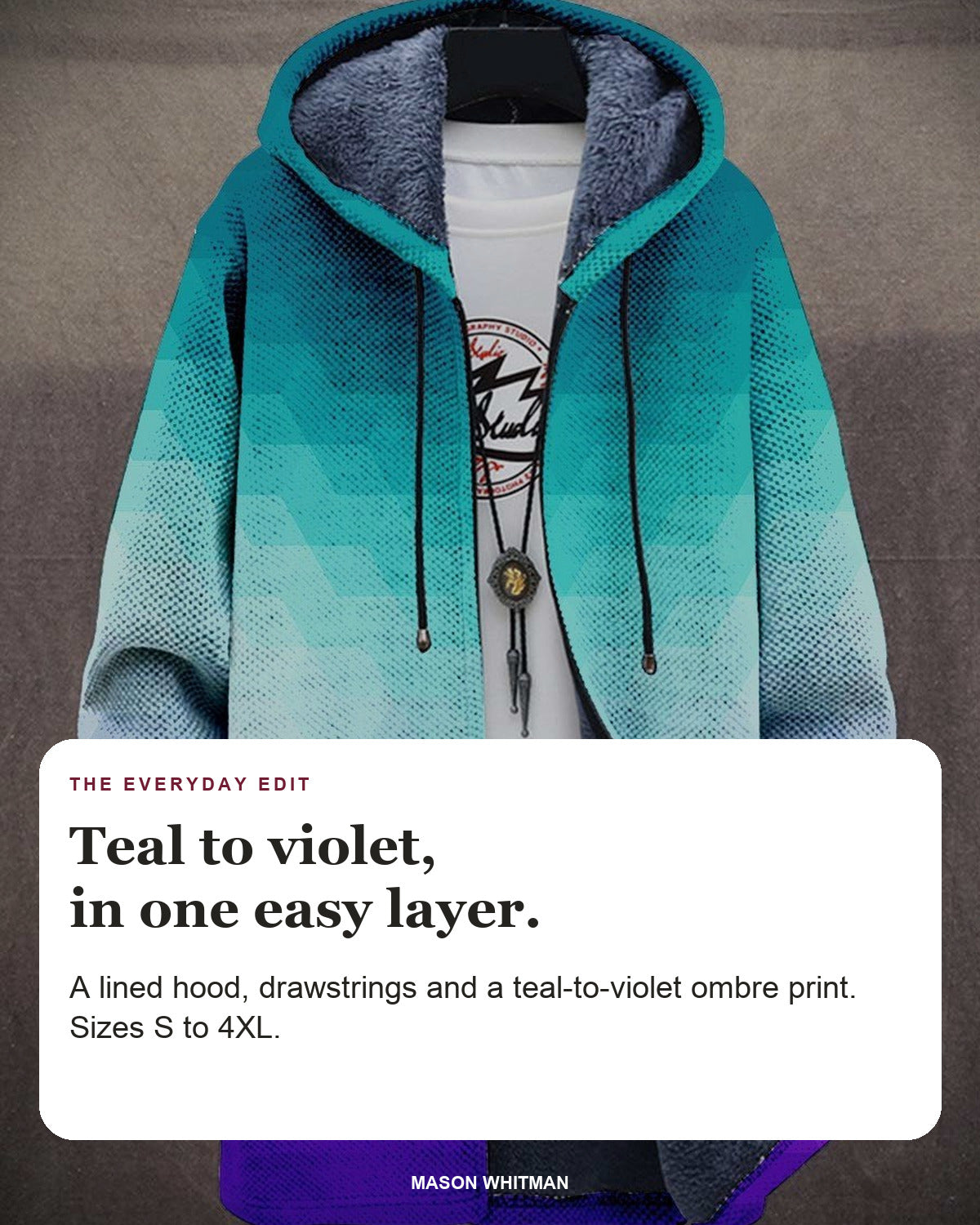 Genesis hoodie editorial card: A lined hood, drawstrings and a teal-to-violet ombre print. Sizes S to 4XL.