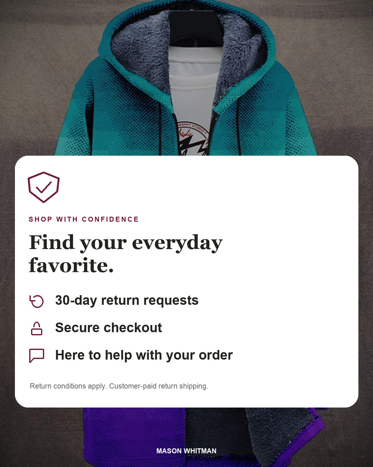 Mason Whitman shopping information: 30-day return requests, secure checkout and customer support. Conditions and customer-paid return shipping apply.