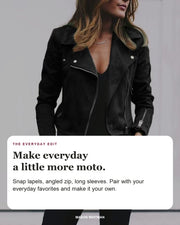 Giselle editorial styling card: Snap lapels, Angled zip, Long sleeves.