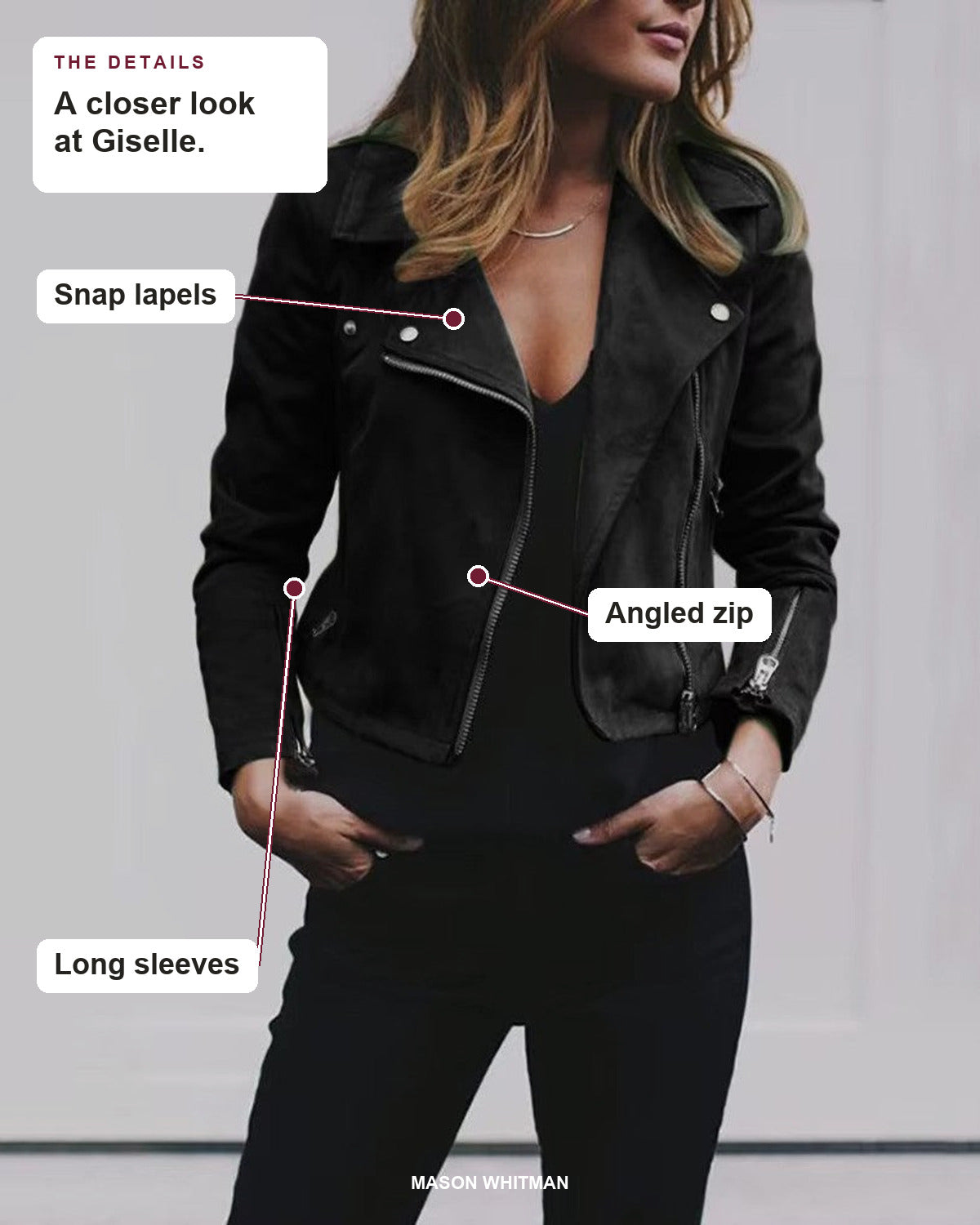Giselle details: Snap lapels, Angled zip, Long sleeves.