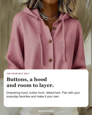 Goldie editorial styling card: Drawstring hood, Button front, Ribbed hem.