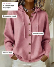 Goldie details: Drawstring hood, Button front, Ribbed hem.