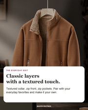 Grayson editorial styling card: Textured collar, Zip front, Zip pockets.