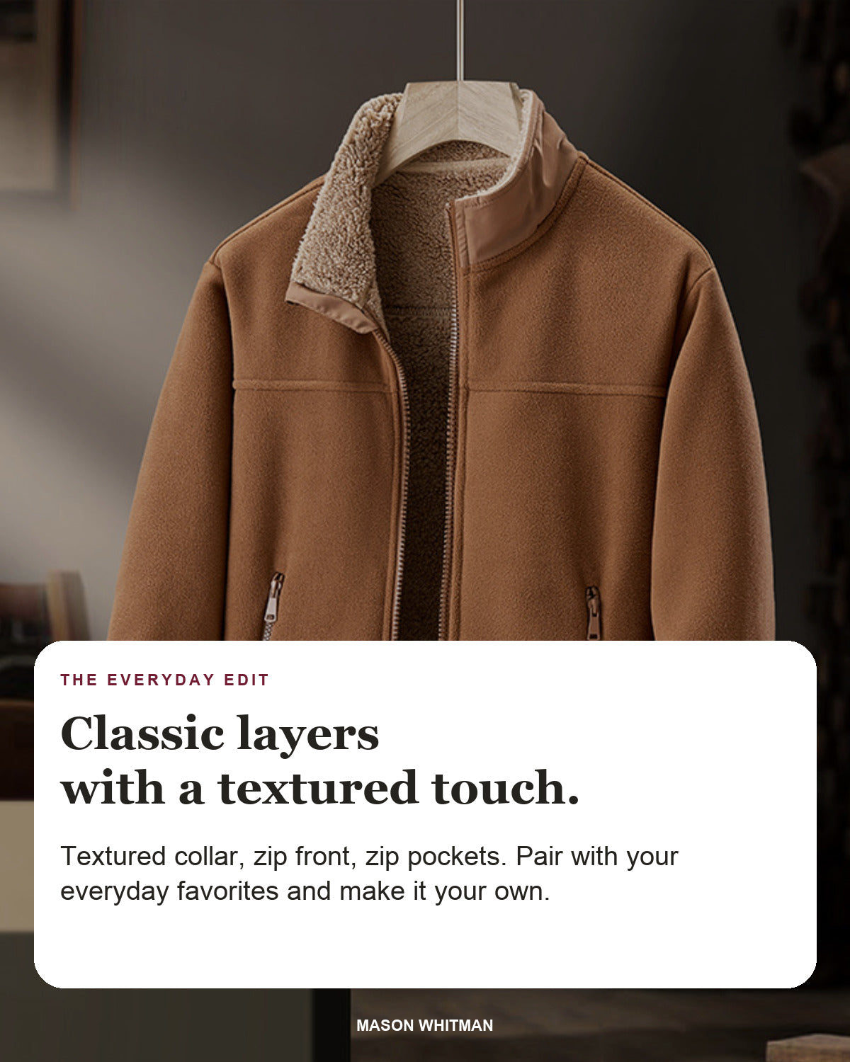 Grayson editorial styling card: Textured collar, Zip front, Zip pockets.