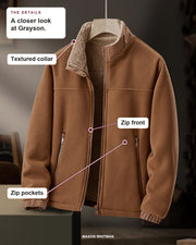 Grayson details: Textured collar, Zip front, Zip pockets.