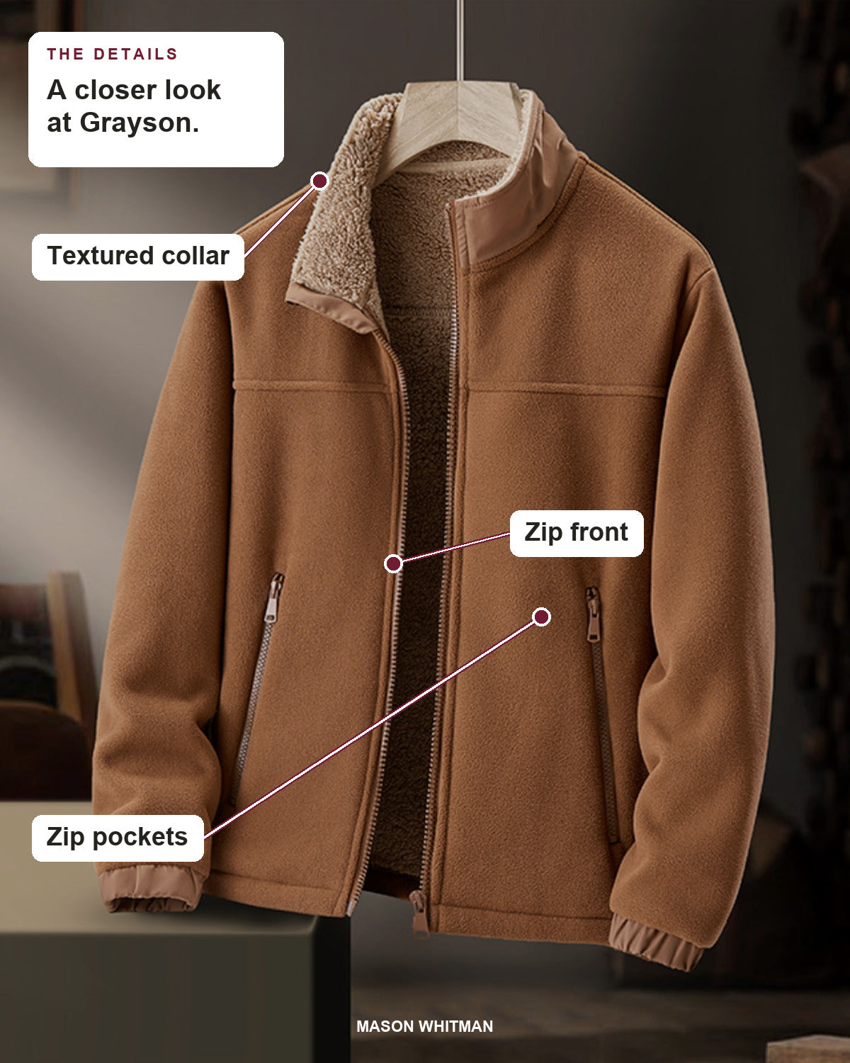 Grayson details: Textured collar, Zip front, Zip pockets.