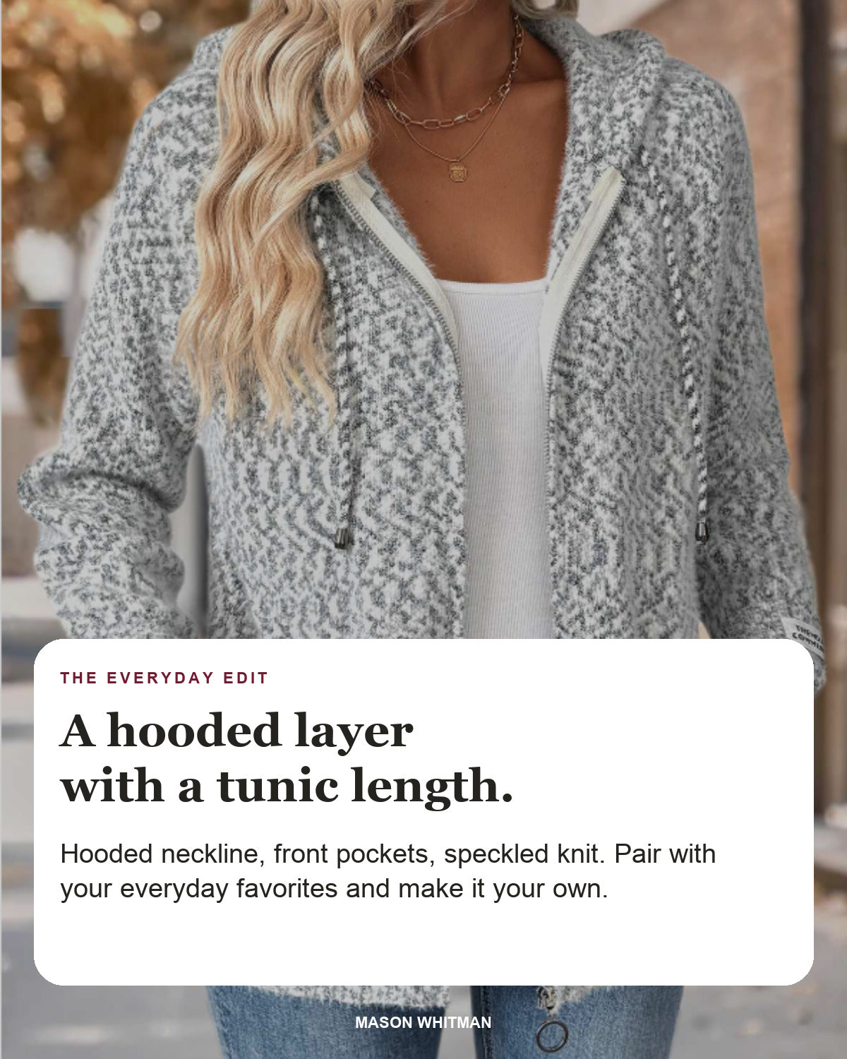 this cardigan editorial styling card: Hooded neckline, Front pockets, Speckled knit.