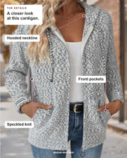 this cardigan details: Hooded neckline, Front pockets, Speckled knit.