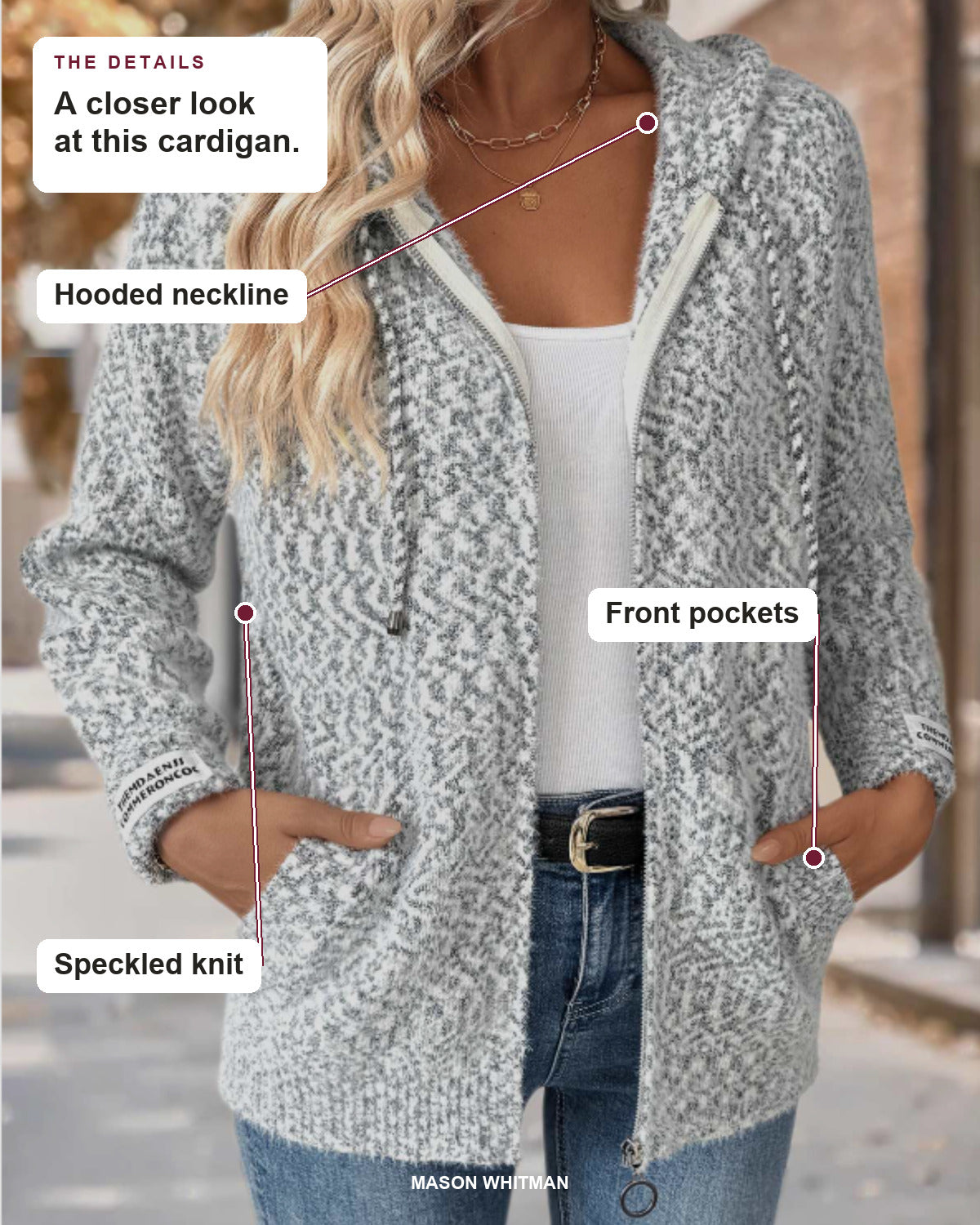 this cardigan details: Hooded neckline, Front pockets, Speckled knit.