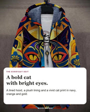 Griffin cardigan editorial card: A lined hood, a plush lining and a vivid cat print in navy, orange and gold.