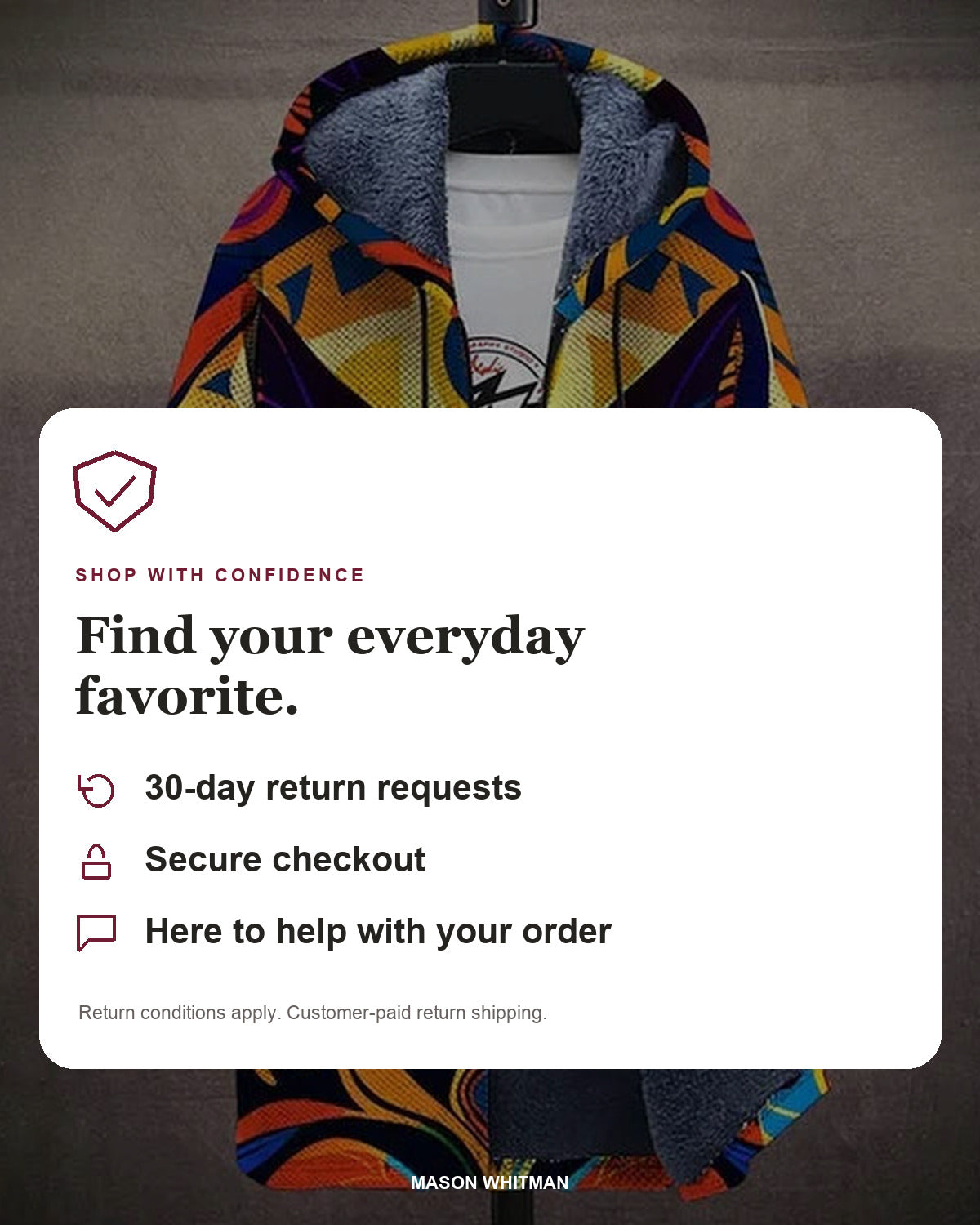 Mason Whitman shopping information: 30-day return requests, secure checkout and customer support. Conditions and customer-paid return shipping apply.