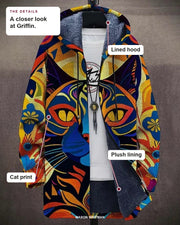 Griffin details: lined hood, plush lining and cat print.