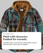 Harlan jacket editorial card: hood, chest pockets, padded lining.
