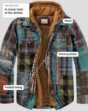 Harlan jacket details: hood, chest pockets, padded lining.