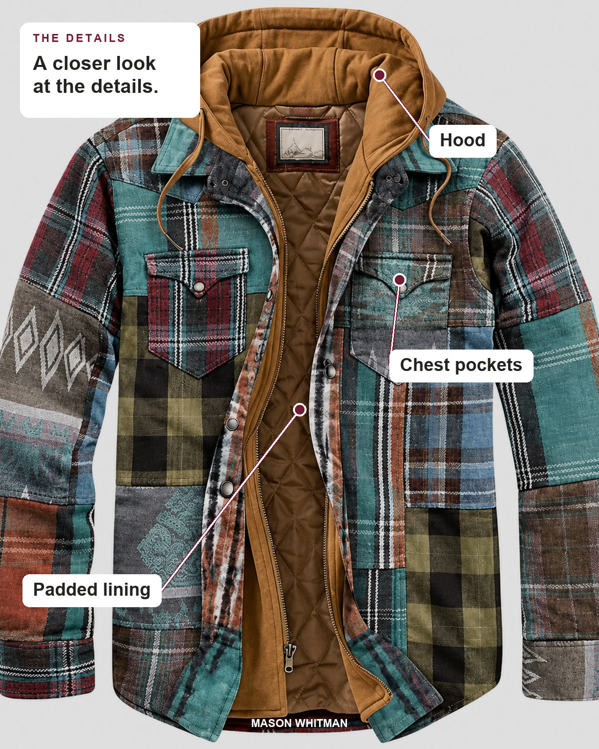 Harlan jacket details: hood, chest pockets, padded lining.