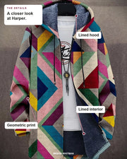 Harper details: lined hood, lined interior and geometric print.