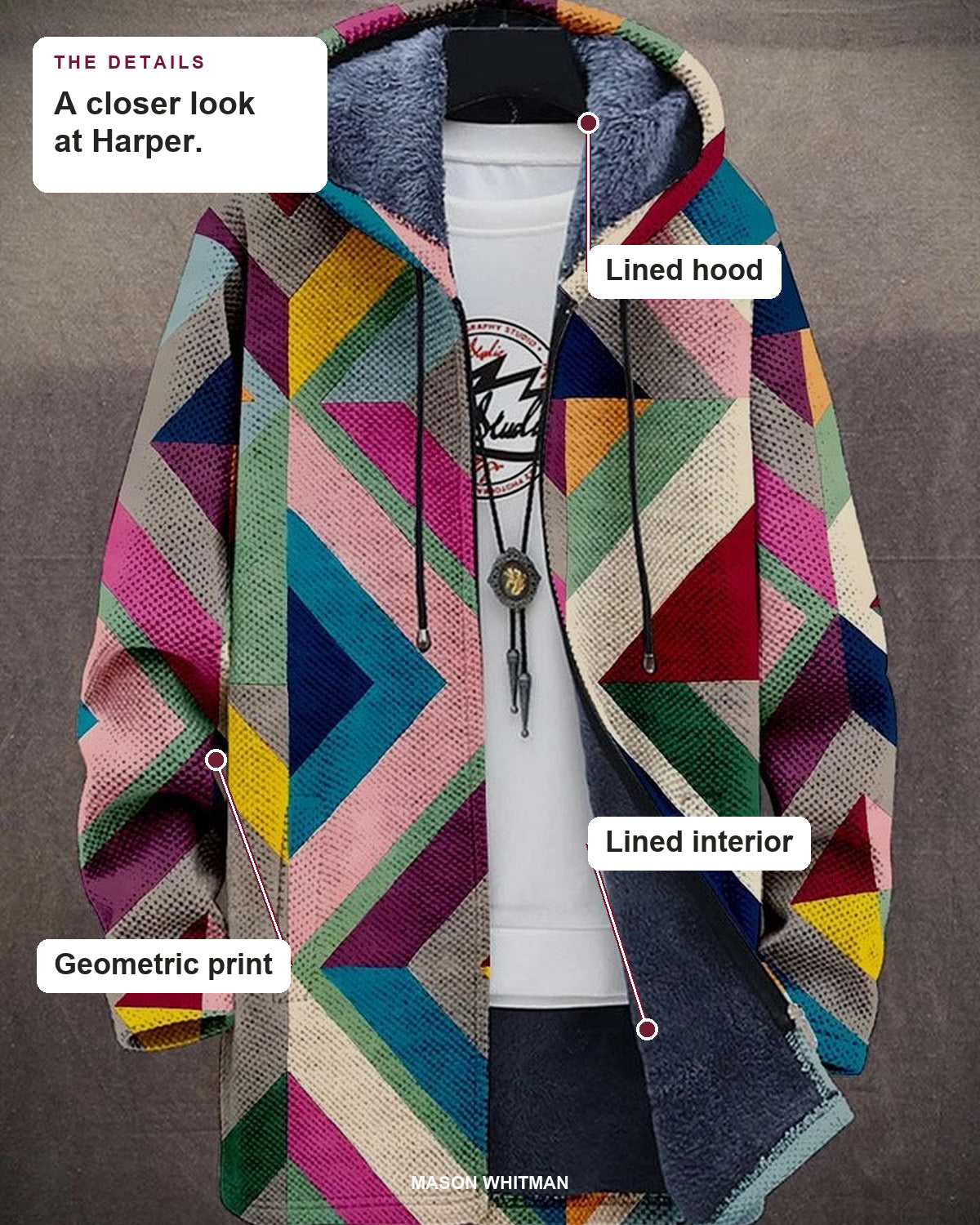 Harper details: lined hood, lined interior and geometric print.