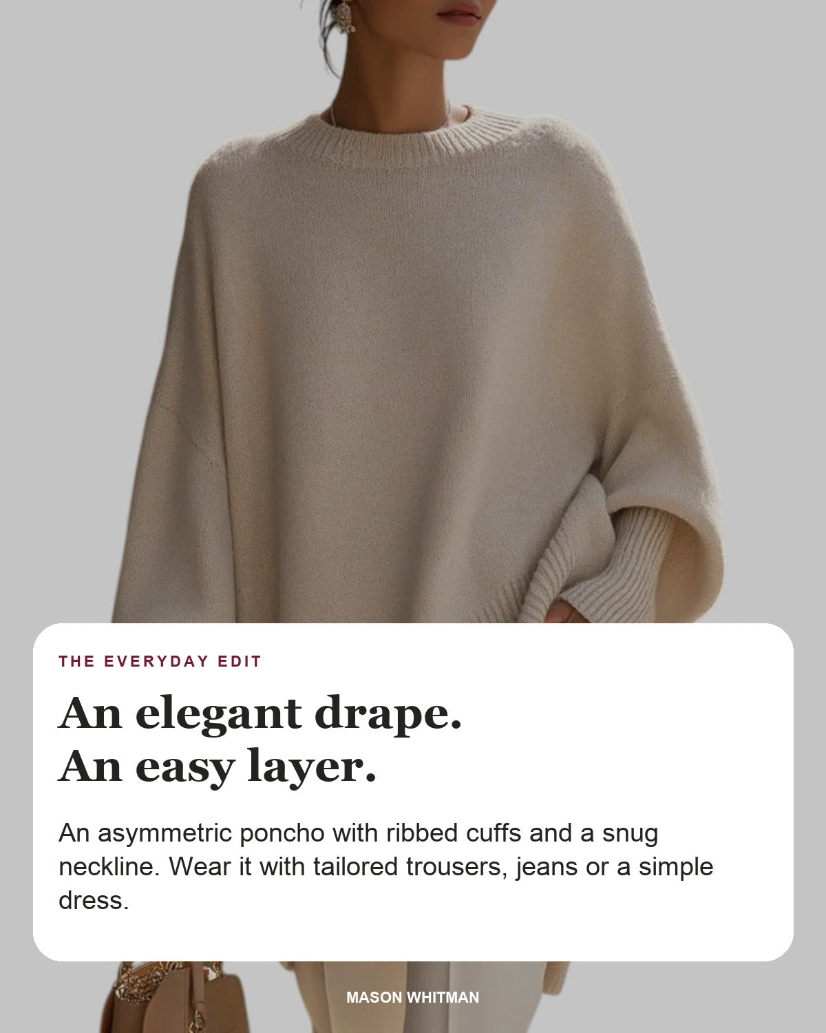 Helene draped asymmetric poncho in apricot with editorial text about its ribbed cuffs and snug neckline.