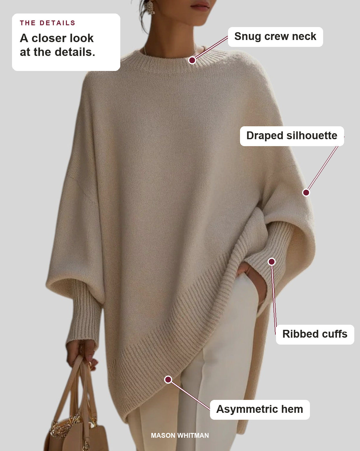 Helene poncho showing its snug crew neck, draped silhouette, ribbed cuffs and asymmetric hem.