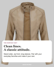 Helen editorial styling card: Stand collar, Zip front, Long sleeves.