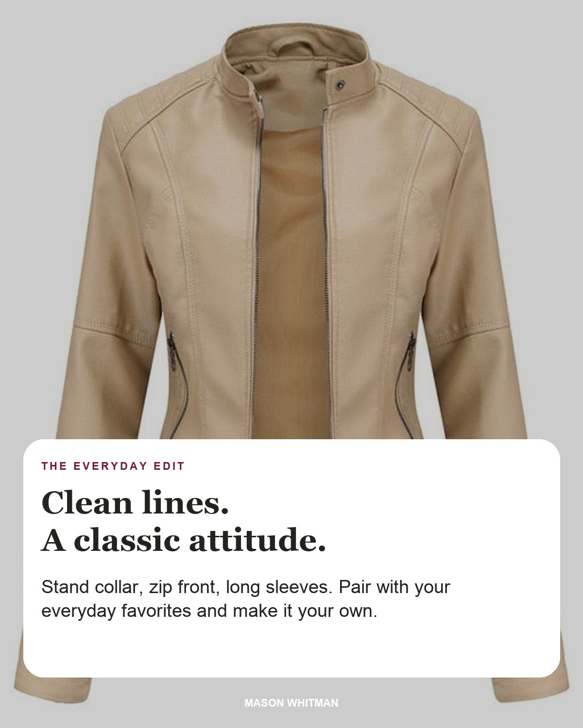 Helen editorial styling card: Stand collar, Zip front, Long sleeves.