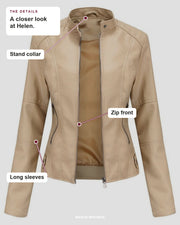 Helen details: Stand collar, Zip front, Long sleeves.