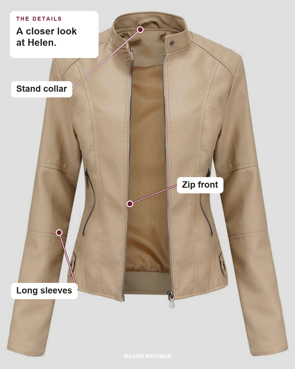 Helen details: Stand collar, Zip front, Long sleeves.