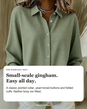 Hillrose blouse editorial card: pointed collar, pearl-toned buttons, folded cuffs.