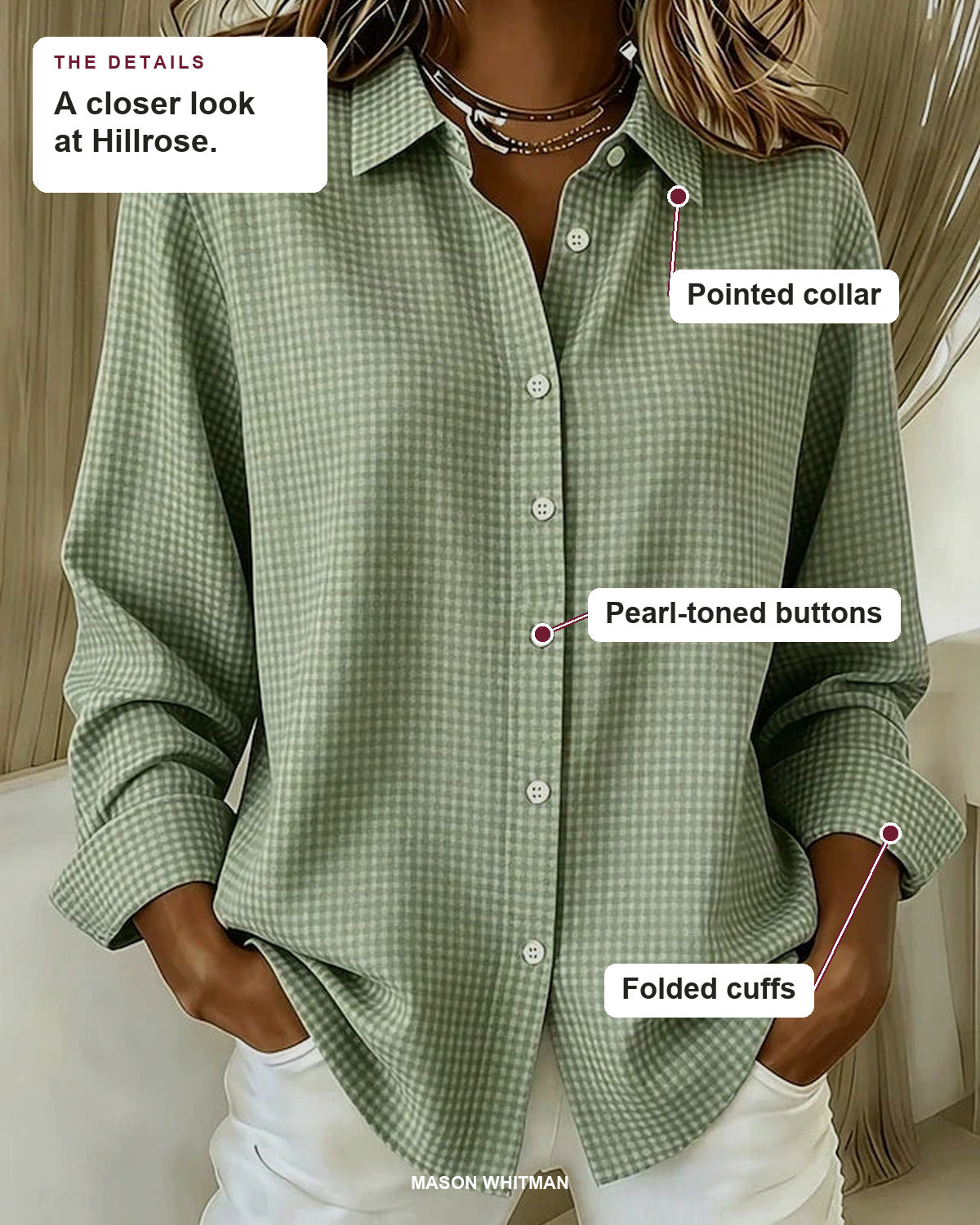 Hillrose blouse details: pointed collar, pearl-toned buttons, folded cuffs.